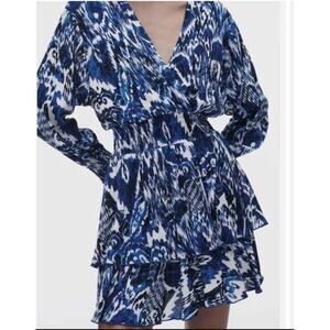 ZARA Blue White Boho Mini Dress Smocked Waist Ruffle V Neck Medium